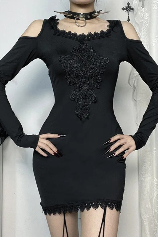 Goth Dark Embroidery Off Shoulder Bodycon Mini Dress