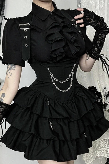Dark Gothic Chain High Waist Sleeveless Cake Mini Dress