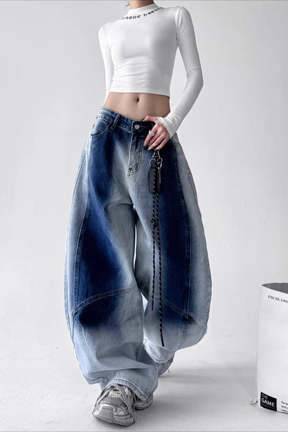 Vintage High Waist Wide Leg Gradient Washed Curved Jeans