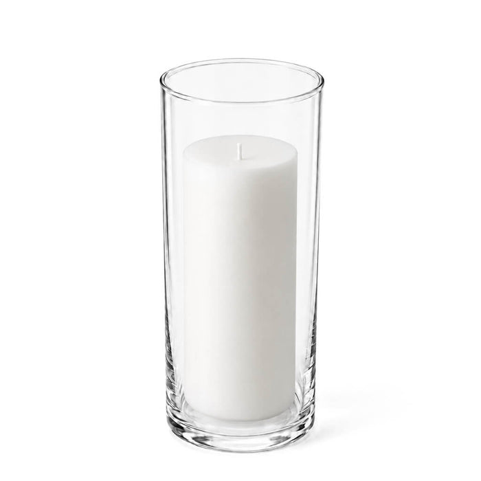 Clear 3.25"x9" cylinder vase with a white pillar candle