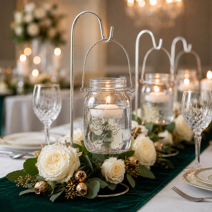 Upscale Small Mason Jar with Handle hanging over a luxury rose tablescape
