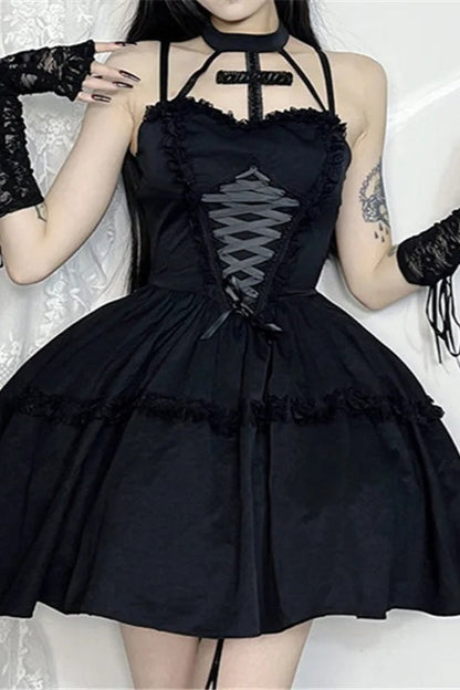 Lace Bandage Cross Halter Backless Gothic Mini Dress