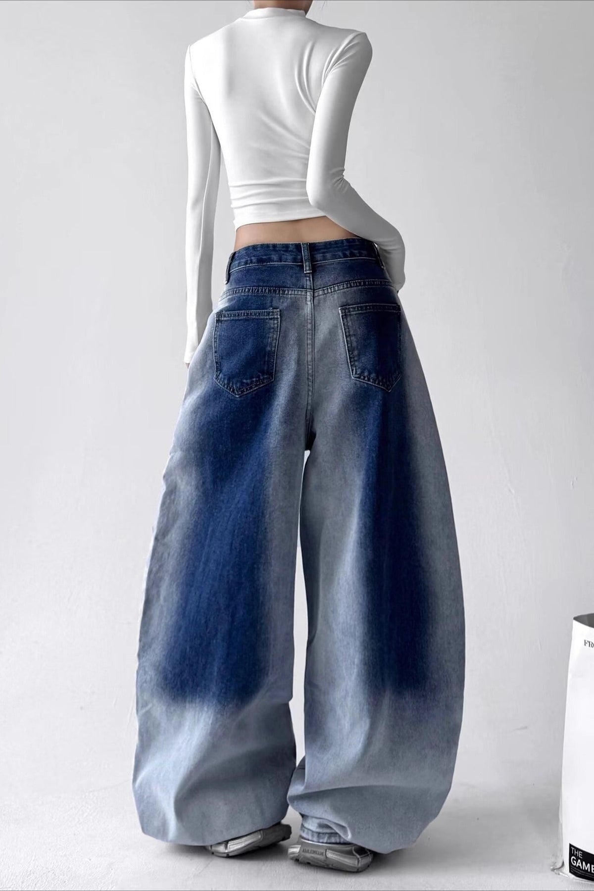 Vintage High Waist Wide Leg Gradient Washed Curved Jeans