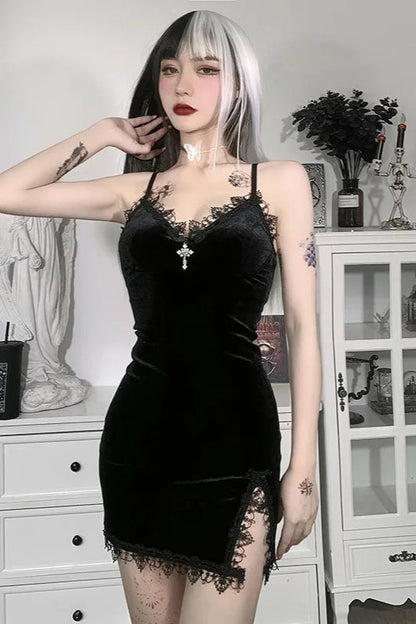Black Cross Spaghetti Strap High Waist Slit Mini Dress