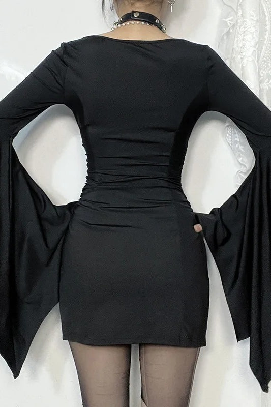 Goth Dark Batwing Sleeve Pleat Bodycon Mini Dress
