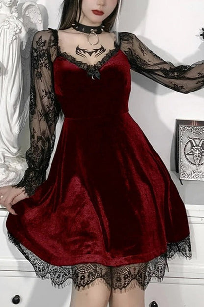 Dark Gothic Solid Color Bandeau Long - sleeved Lace - stitched Mini Dress