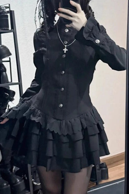Dark Lace Patchwork Button Front Ruffle Mini Dress