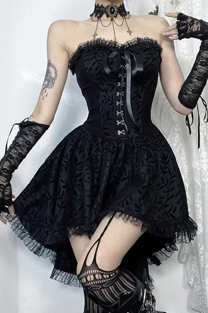 Dark Lace Patchwork High Waist Bandage Corset Gothic Mini Dress