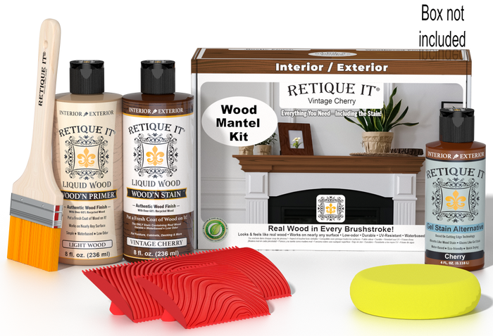 Retique It Wood'n Finish Kit in Vintage Cherry stain for fireplace mantels, showcasing wood stain application and color detail.