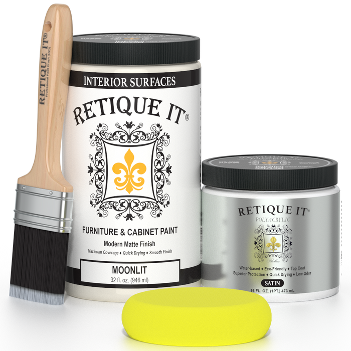 Retique It furniture paint with a brush and sample on a white background