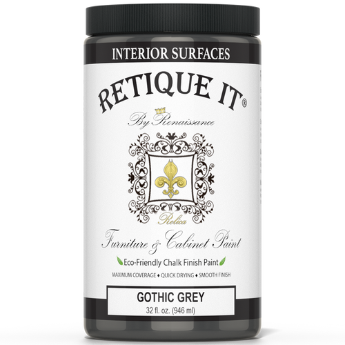 Retique It Gothic Grey furniture and cabinet paint in a quart container, showcasing a smooth, matte grey finish.