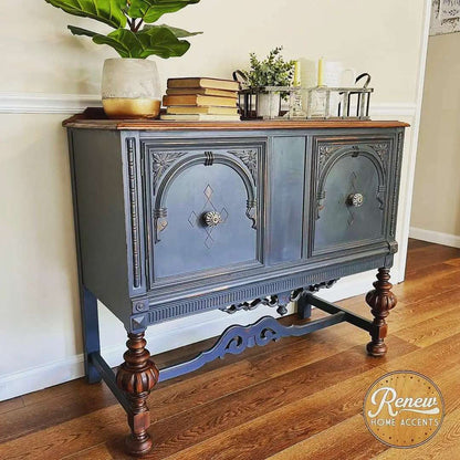 Retique It Gothic Grey furniture and cabinet paint in a quart, shown on a buffet for a stylish, modern finish.