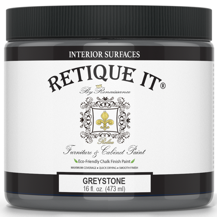 Retique It furniture and cabinet paint in quart size, Greystone color, showcasing smooth application on wood surfaces.