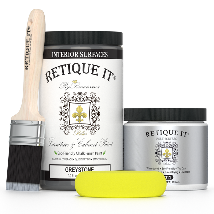 Retique It furniture and cabinet paint in Greystone, quart size, showing a smooth, finished wood surface in a stylish gray hue.