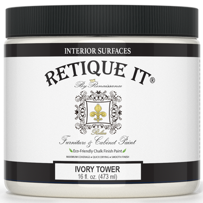 Retique It Renaissance Furniture Paint in Ivory Tower poly kit, showing a close-up of the ivory-colored paint container and application tools.