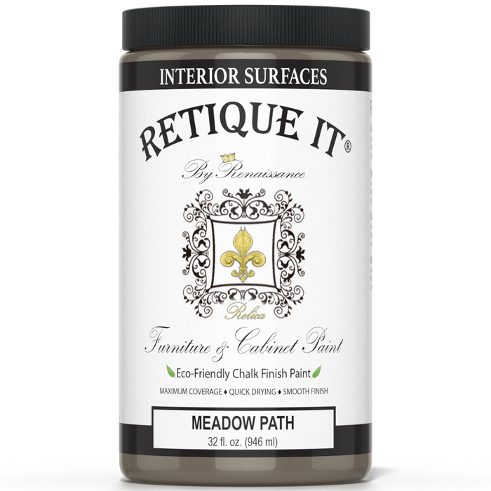 Retique It Furniture and Cabinet Paint in Meadow Path, a quart-sized container with a smooth, eco-friendly finish for furniture.
