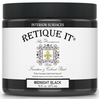 Retique It furniture and cabinet paint in quart, Midnight Black, showing a smooth, glossy black paint finish on furniture.