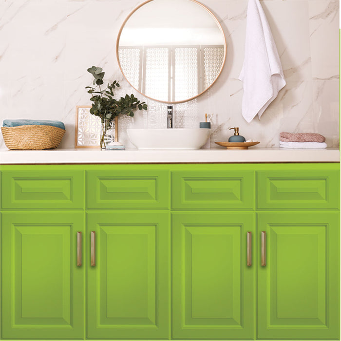 Retique It Furniture & Cabinet Paint in Mystic Moss, quart size, showing a painted cabinet surface with a smooth, matte finish.