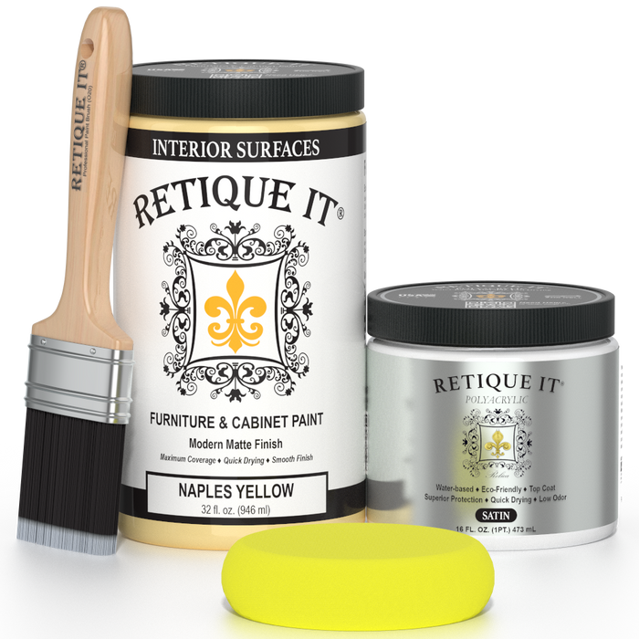 Retique It furniture and cabinet paint in Naples Yellow, quart size, showing a close-up of the vibrant yellow paint container.