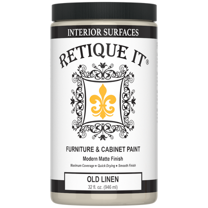 Retique It furniture and cabinet paint in Old Linen quart, showing a smooth, freshly painted cabinet surface.