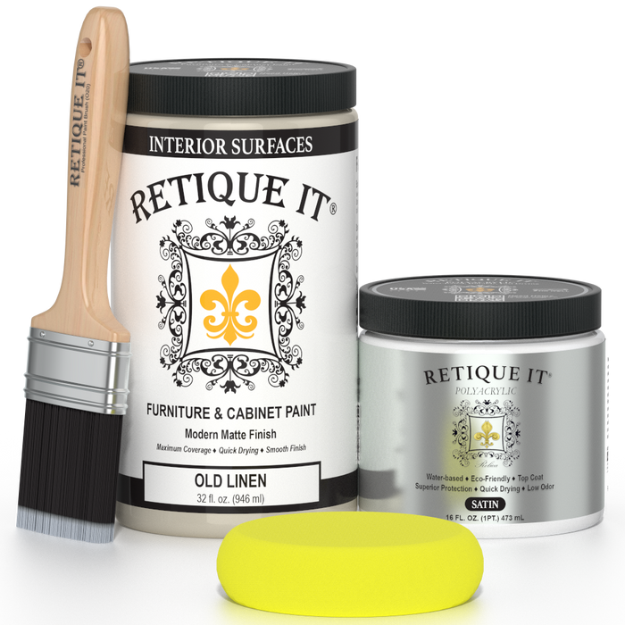 Retique It furniture and cabinet paint in Old Linen color, quart size, showing a smooth painted wooden surface.