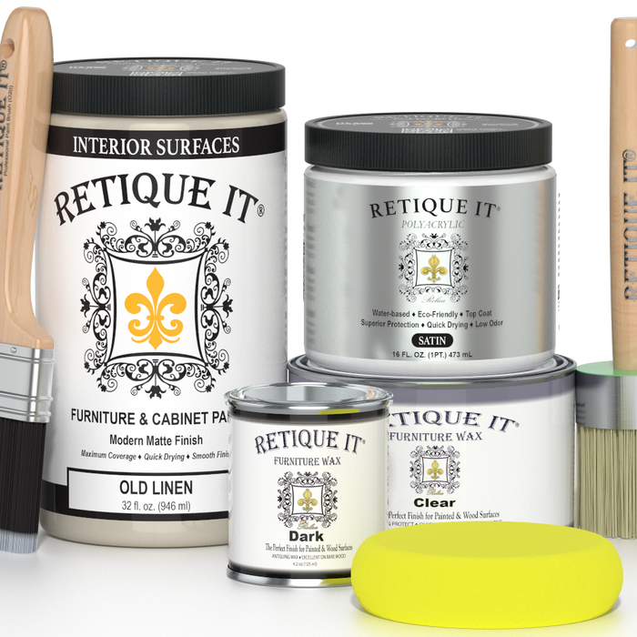 Retique It furniture and cabinet paint in Old Linen quart, showing a smooth, fresh-coated surface ready for furniture renovation.