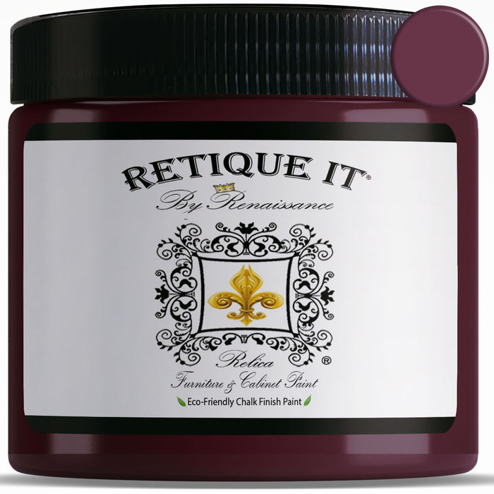 Retique It furniture and cabinet paint in quart size, plum color, shown as a color swatch on a sample surface.