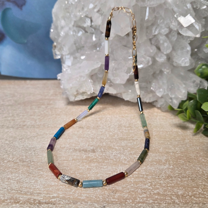 Gemstone Tube Gold Necklace – Artisan Made