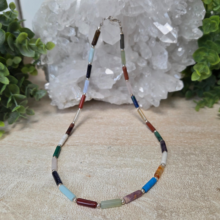 Gemstone Tube Silver Necklace – Artisan Made