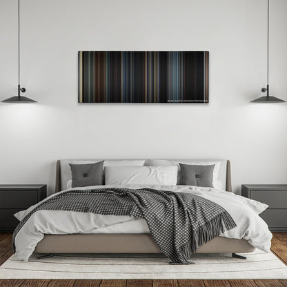 Godzilla color palette canvas above a bed, between two black pendant lamps