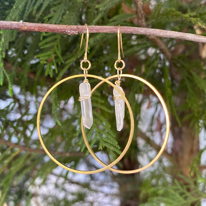 Gold Brass Hoops with Quartz Spikes-Small or Large - Artisan Made