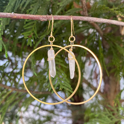 Gold Brass Hoops with Quartz Spikes-Small or Large - Artisan Made