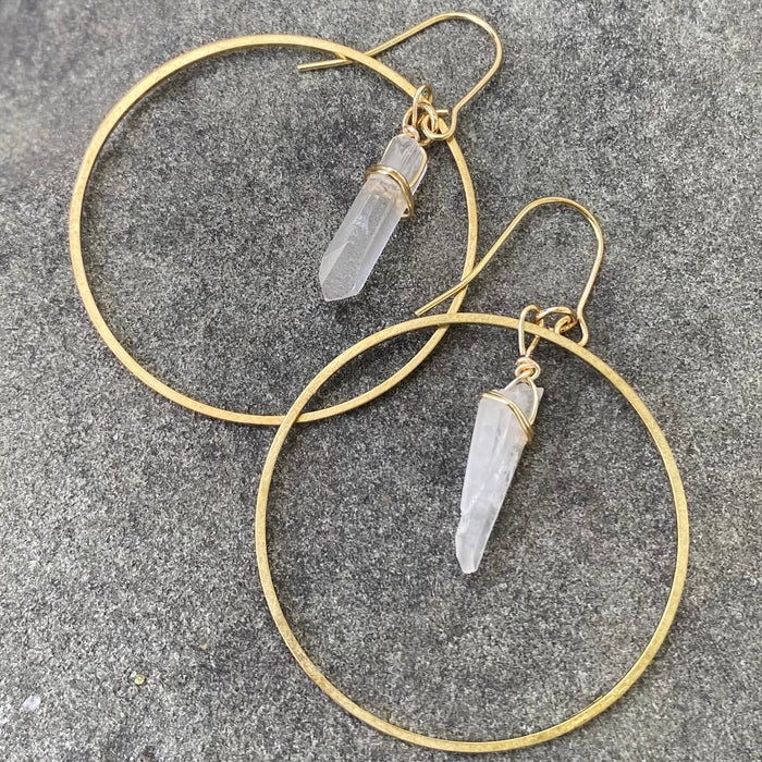 Gold Brass Hoops with Quartz Spikes-Small or Large - Artisan Made