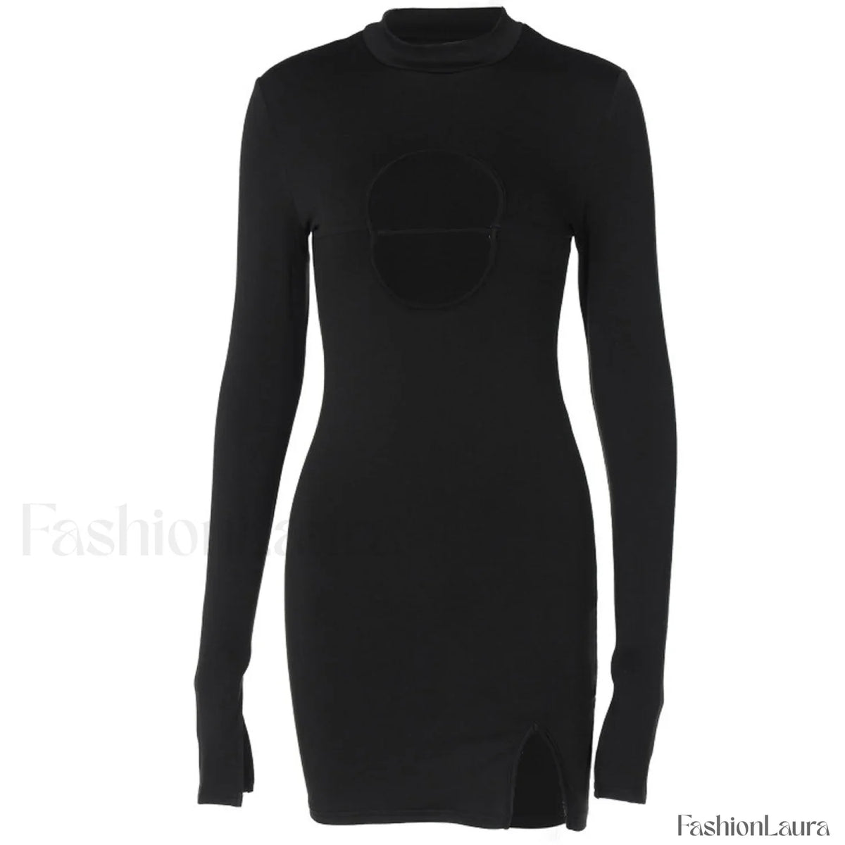High Neck Long Sleeve Side Split Cutout Mini Dress - Black