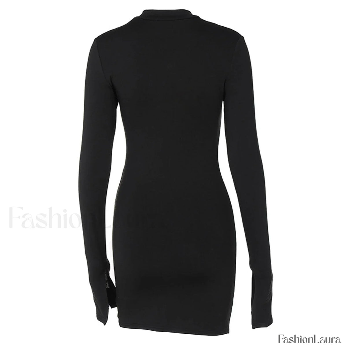 High Neck Long Sleeve Side Split Cutout Mini Dress - Black