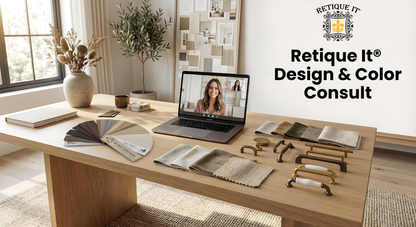Retique It interior finish design consultation digital product with sample finishes and design ideas on a clean background.