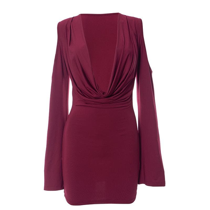 Long flared sleeve off shoulder cowl neck ruched solid mini dress  | Festival Outfits Women