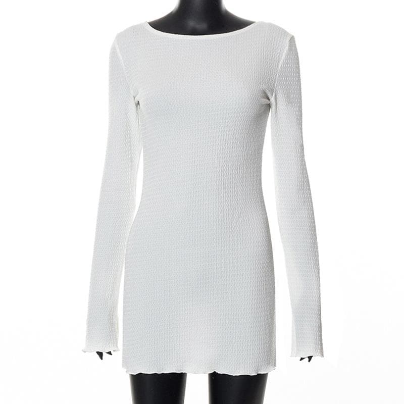Textured solid self tie backless long sleeve ruffle mini dress