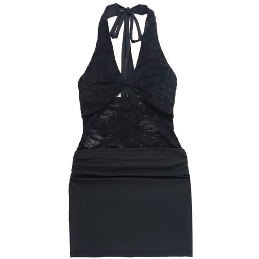 Halter self tie hollow out lace ruched cut out mini dress  | Festival Outfits Women