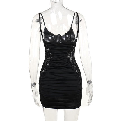 V neck lace ruched backless cami mini dress  | Festival Outfits Women