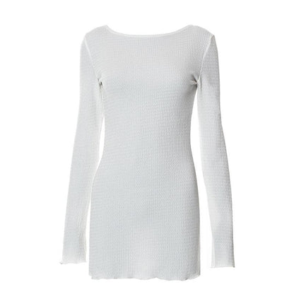 Textured solid self tie backless long sleeve ruffle mini dress