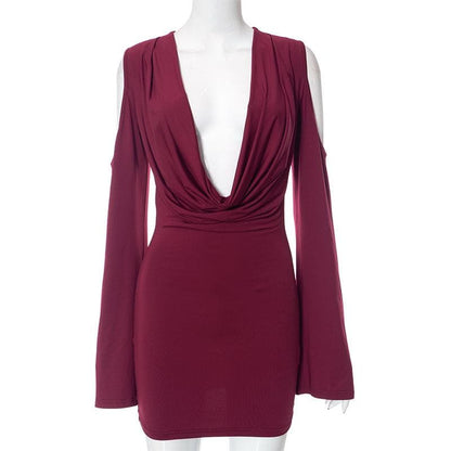 Long flared sleeve off shoulder cowl neck ruched solid mini dress  | Festival Outfits Women