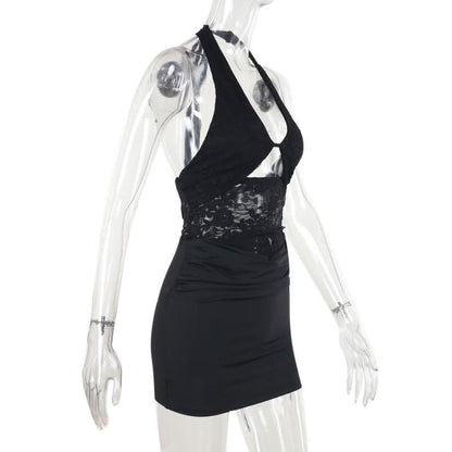 Halter self tie hollow out lace ruched cut out mini dress  | Festival Outfits Women