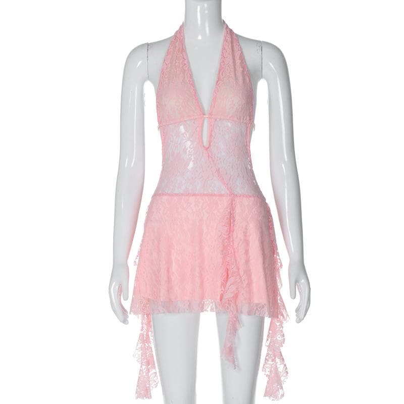 Halter v neck backless lace self tie hollow out cut out mini dress