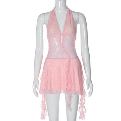 Halter v neck backless lace self tie hollow out cut out mini dress