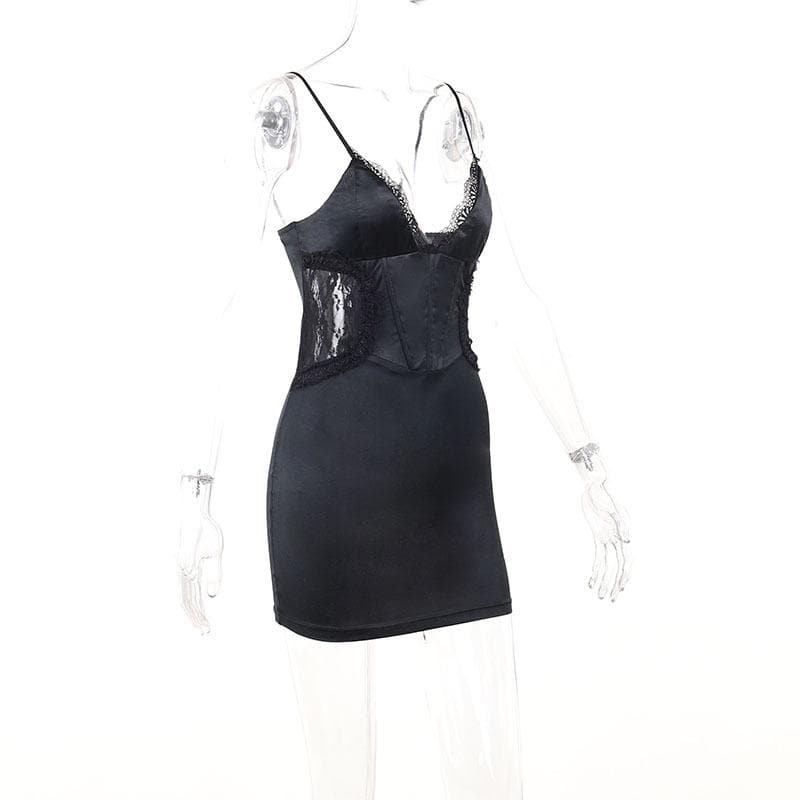 Lace patchwork corset solid v neck cami mini dress  | Festival Outfits Women
