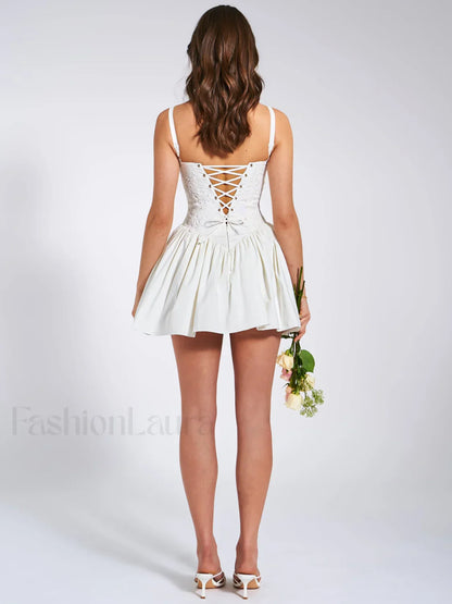 Kadi White Cotton Drop Graceful Waist Corset Mini Dress