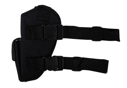 Sort lårhylster til pistol med benspænde, set bagfra.