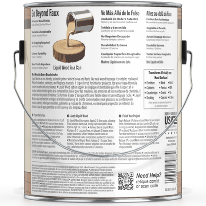 Dark liquid wood paint by Retique It in a 128oz container, shown in a natural indoor setting.