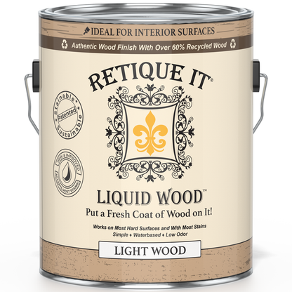 Retique It Liquid Wood Light interior paint in a container, showcasing the product's light wood finish and branding.